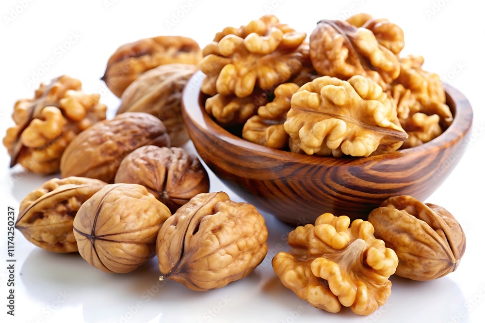 Walnuts kernels on dark desk with color background, Whole walnut in white background. Walnuts kernels on dark desk with color background, Whole walnut in white background.
