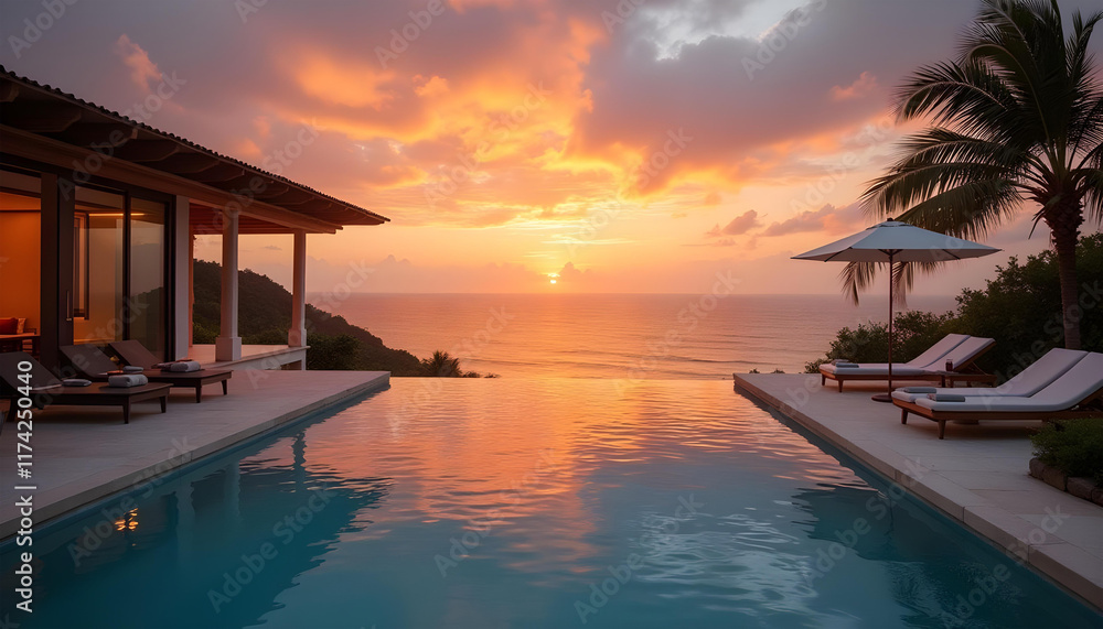 Obraz premium sunset view from a high end resort featuring an infinity pool