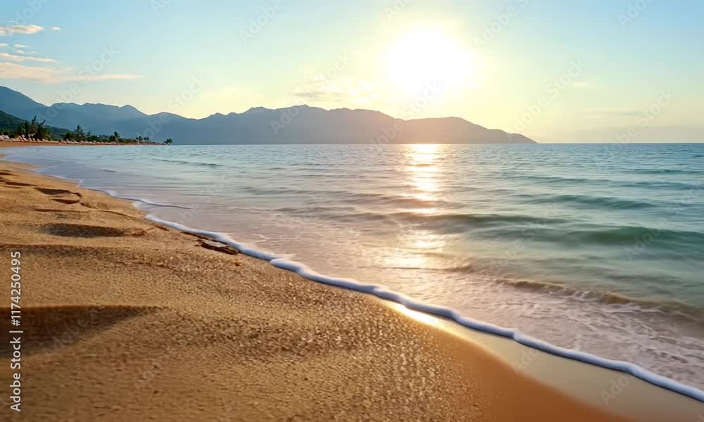 Sunset over a tranquil beach with gentle waves and mountains.