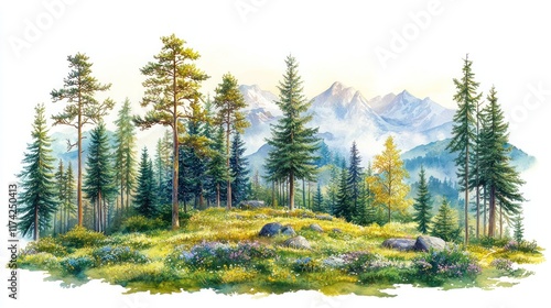 Lush green meadow with wildflowers and pine trees at the foot of hazy sunlit mountains. Ideal for nature-themed designs, travel brochures, or wall art.