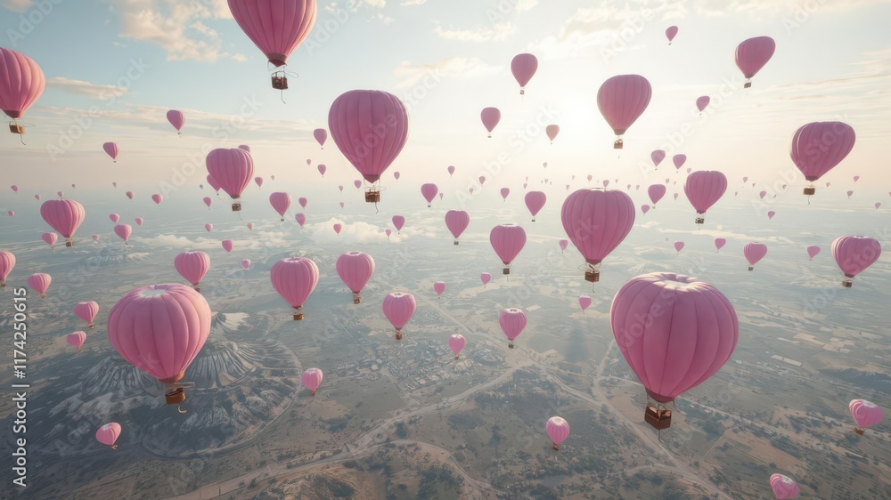 Obraz premium Pink and blue balloons soar against a breathtaking panoramic sky, balloons,bright,landscape