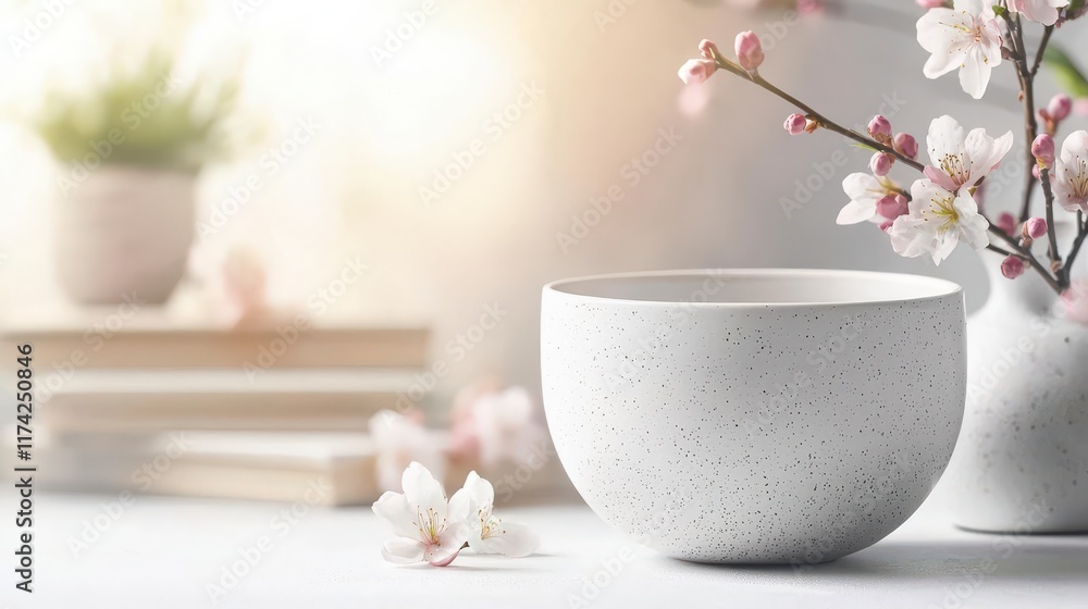 Serene spring: White bowl, blossoms, soft light. Tranquil scene. Serene spring: White bowl, blossoms, soft light. Tranquil scene.