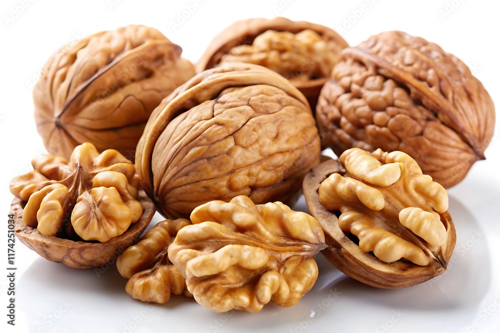Walnuts kernels on dark desk with color background, Whole walnut in white background. Walnuts kernels on dark desk with color background, Whole walnut in white background.