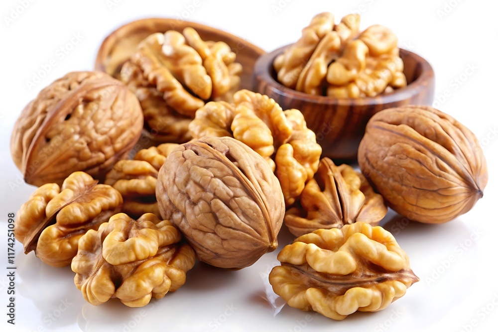 Walnuts kernels on dark desk with color background, Whole walnut in white background. Walnuts kernels on dark desk with color background, Whole walnut in white background.