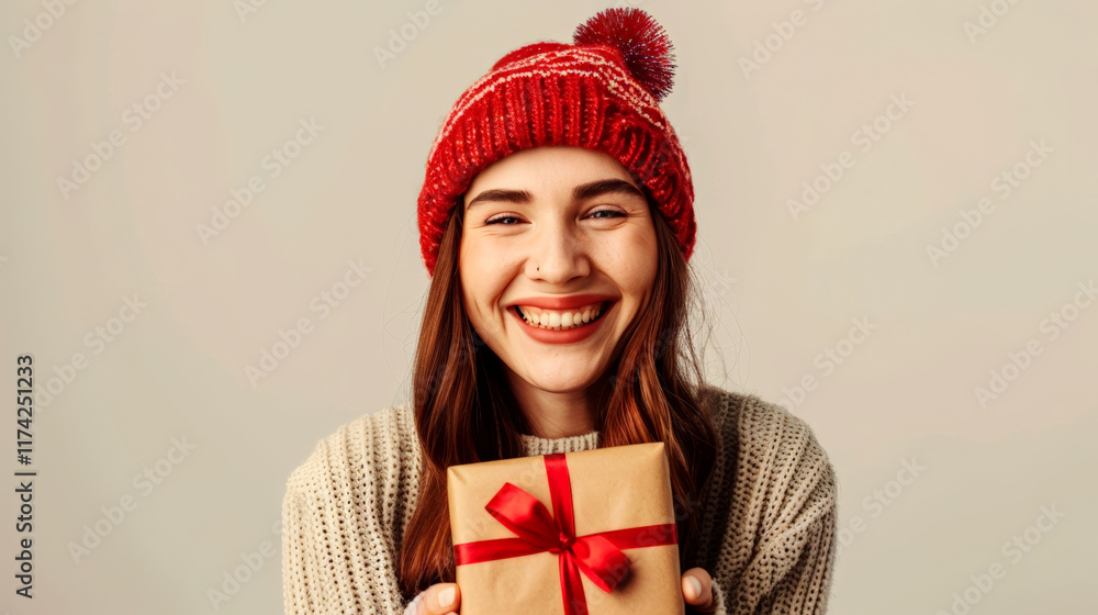 Joyful woman smiles while presenting a festive gift, embodying the spirit of New Year celebrations on a light backdrop Joyful woman smiles while presenting a festive gift, embodying the spirit of New Year celebrations on a light backdrop