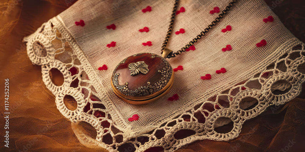 Obraz premium Antique locket necklace resting on embroidered lace fabric vintage jewelry ornate detail