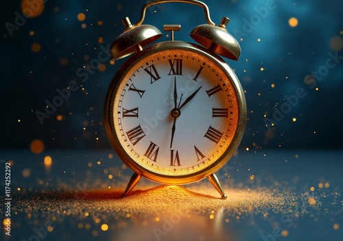 Vintage alarm clock glowing softly in a darkened room with sparks flying around