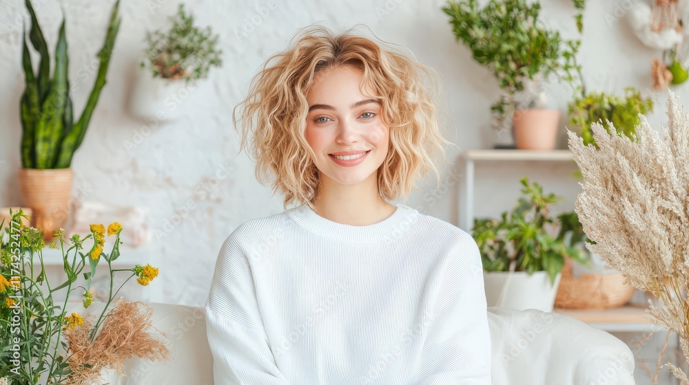 Radiant young woman smiles, surrounded by lush greenery and plants in a bright, airy room. Radiant young woman smiles, surrounded by lush greenery and plants in a bright, airy room.