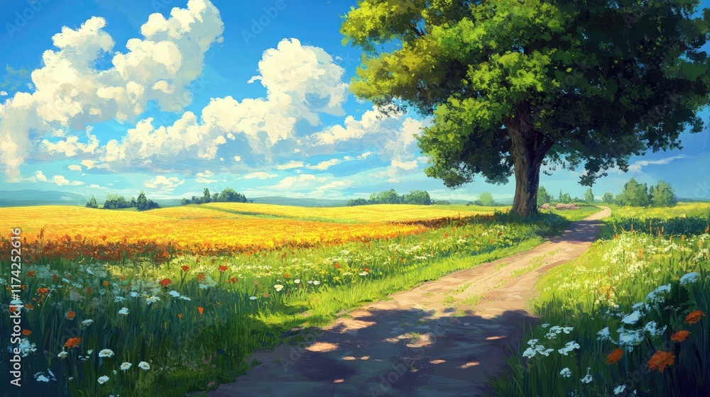 Serene summer landscape featuring vibrant fields, a winding country road, and a large tree under a bright blue sky with fluffy clouds. Serene summer landscape featuring vibrant fields, a winding country road, and a large tree under a bright blue sky with fluffy clouds.