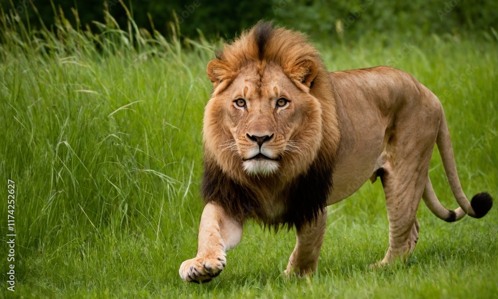 Obraz premium 위엄한 사자사진 사냥을 준비하고 있다