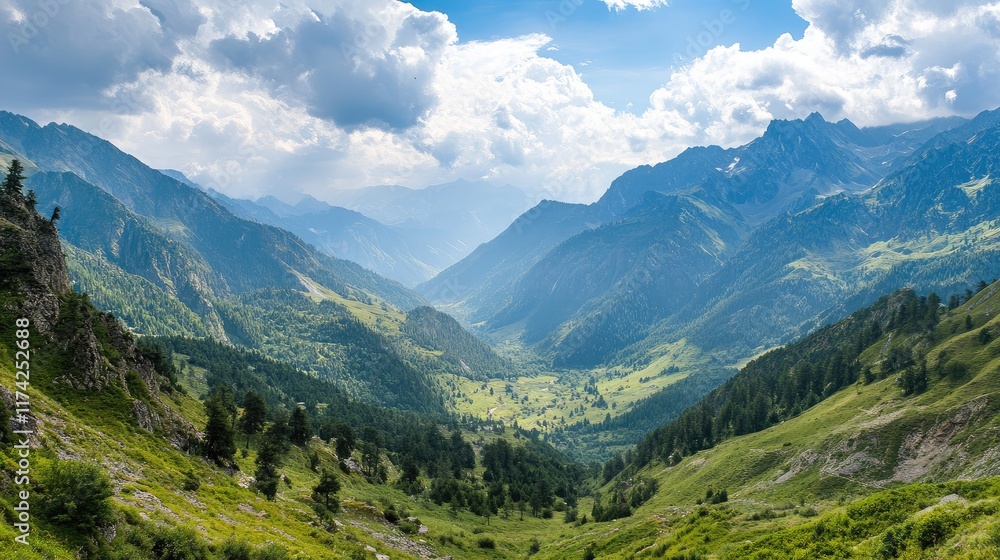 Majestic panoramic view of a lush green valley surrounded by towering mountains under a dramatic sky with clouds and sunlight Majestic panoramic view of a lush green valley surrounded by towering mountains under a dramatic sky with clouds and sunlight