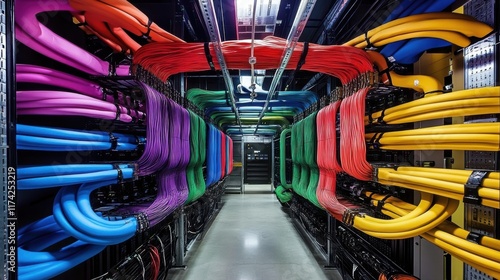 Perfectly organized and colorful network cables are creating a visually appealing pattern in a modern data center, showcasing the complexity and order of network infrastructure