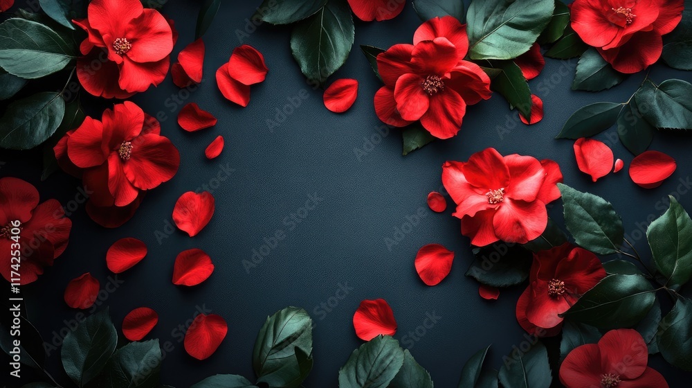 Elegant floral arrangement with vibrant red flowers and green leaves on a dark background ideal for spring-themed creative projects Elegant floral arrangement with vibrant red flowers and green leaves on a dark background ideal for spring-themed creative projects