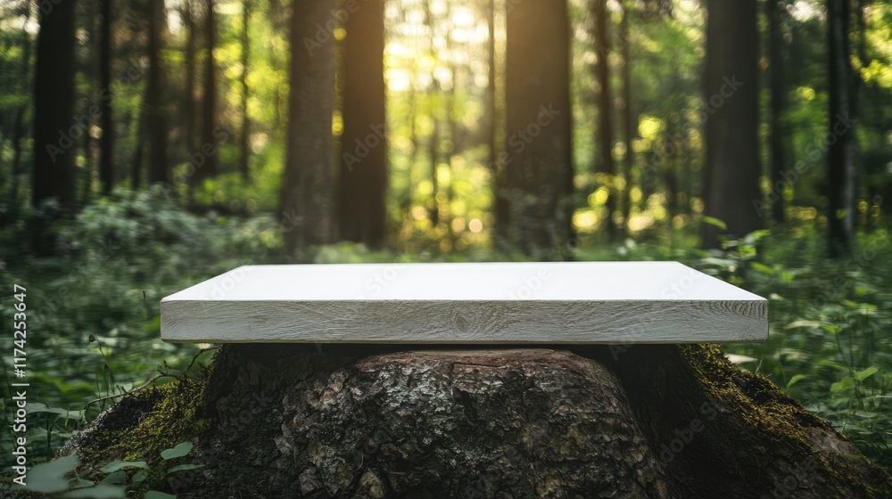 Blank White Wooden Table Display in Green Forest Natural Setting for Product Showcase and Text Placement with Soft Sunlight Backdrop Blank White Wooden Table Display in Green Forest Natural Setting for Product Showcase and Text Placement with Soft Sunlight Backdrop