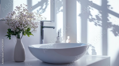 Elegant minimalist bathroom with natural stone sink, stylish faucet, and soft floral decor in a bright, airy space.