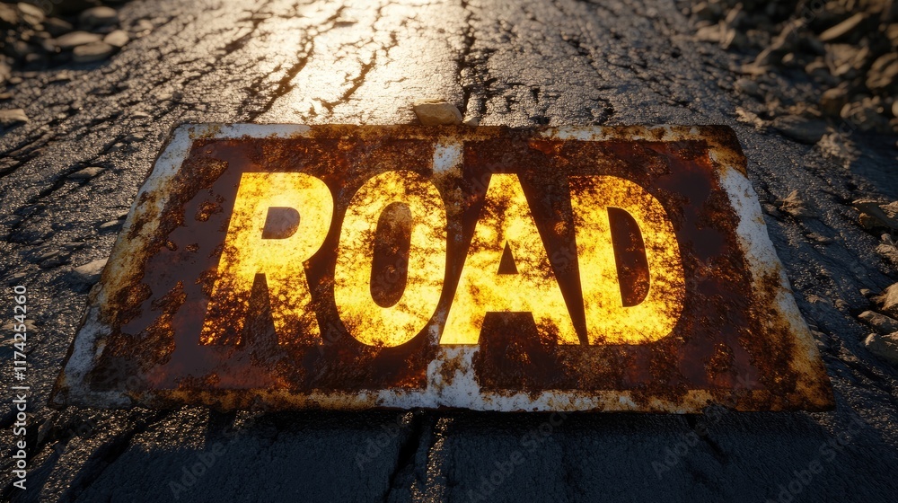 Grunge Style Road Sign Glowing in Sunlight on a Textured Asphalt Road Surface Grunge Style Road Sign Glowing in Sunlight on a Textured Asphalt Road Surface