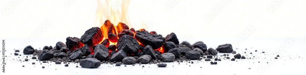 White background with a scattered pile of coals and smoldering embers, hot ashes, contemporary, radiance White background with a scattered pile of coals and smoldering embers, hot ashes, contemporary, radiance