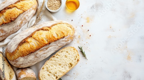 Rustic Ciabatta Bread with Olive Oil and Sesame Seeds on Light Background with Space for Culinary Text and Dark Marble Accents photo