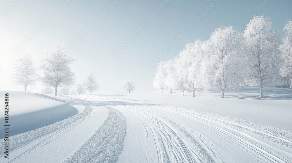 Snowy winter landscape with ski tracks through pristine white scenery and frosted trees under soft sunlight. Snowy winter landscape with ski tracks through pristine white scenery and frosted trees under soft sunlight.