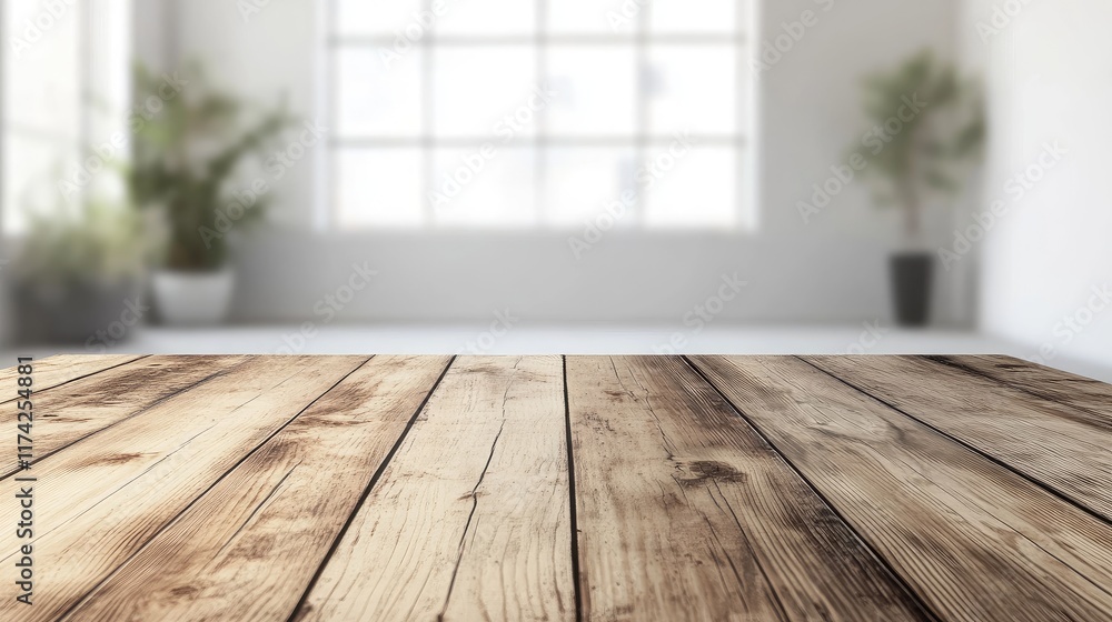 Minimalist rustic wooden floor with soft blurred modern loft living room and elegant dining area in fresh light filled space Minimalist rustic wooden floor with soft blurred modern loft living room and elegant dining area in fresh light filled space