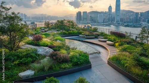Wallpaper Mural Urban Rooftop Sky Garden Oasis with Lush Greenery Water Feature Scenic City Views Comfortable Seating for Relaxation and Eco Friendly Experience Torontodigital.ca