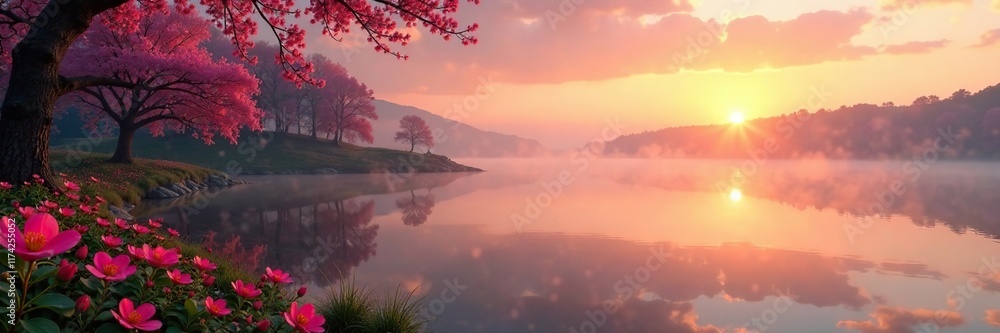 Fototapeta premium Sunset over a tranquil lake with blooming flowers and a misty atmosphere, landscape, trees, water