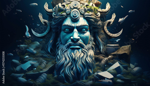 A majestic sculpture of a mythological deity with an elaborate horned crown and flowing beard is illuminated in ethereal blue light against a dark background with swirling fragments. photo