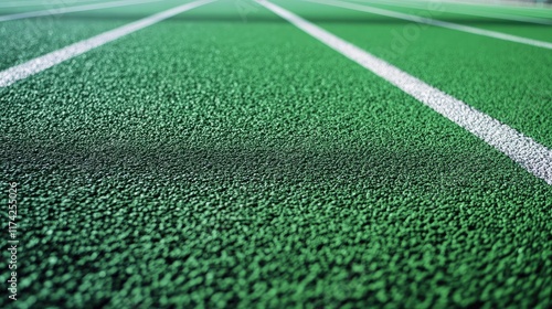 Close up of vibrant green athletic track surface with white lane markings ideal for sports competition and speed running activities in 4K quality photo