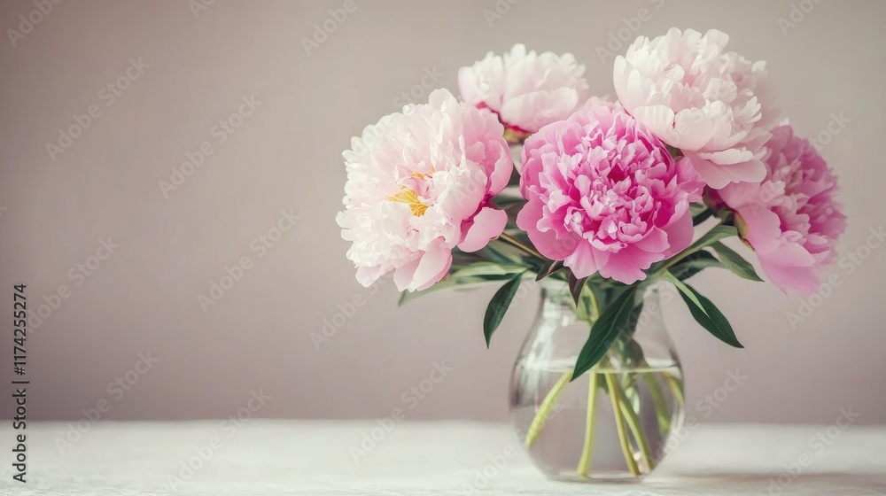 Pink peonies in glass vase with soft background Perfect for floral catalog or marketing online flower delivery services Pink peonies in glass vase with soft background Perfect for floral catalog or marketing online flower delivery services