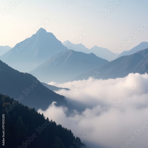 Dense fog envelops a mountain range, obscuring the distant peaks, , misty landscape photo