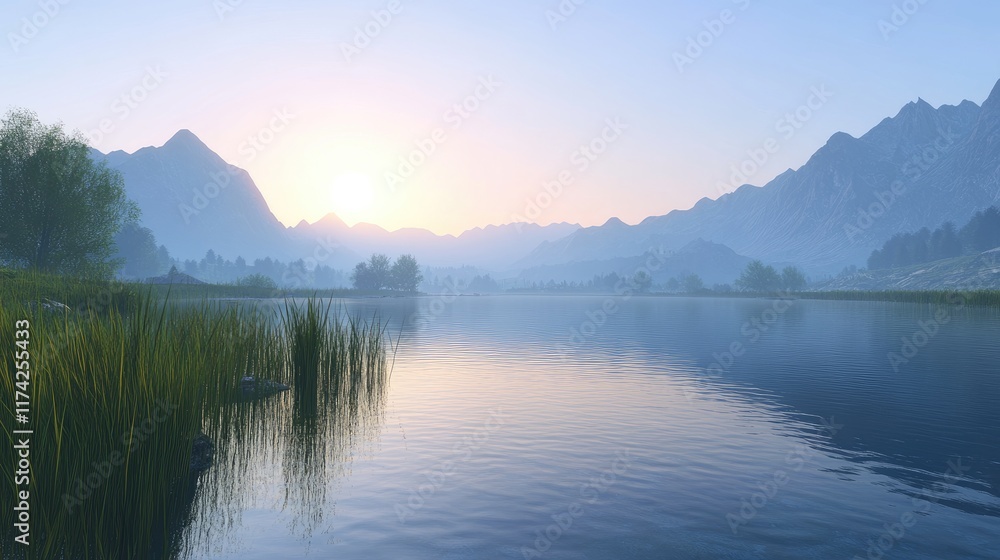 Naklejka premium Tranquil lake view at sunrise with majestic mountains and lush greenery reflecting in calm water landscape