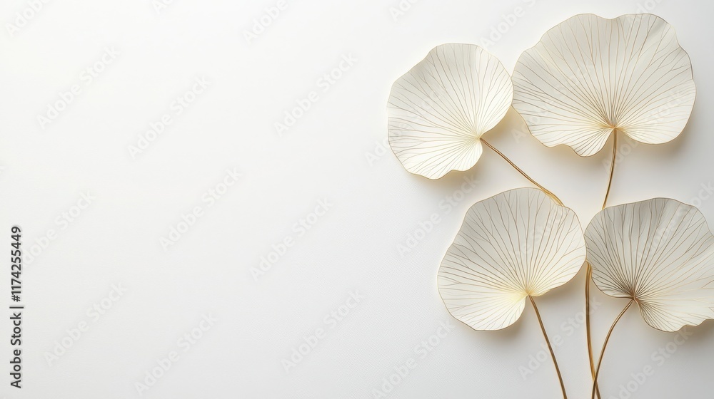 Obraz premium Stylized gold line lotus leaves on a smooth white backdrop for a minimalist design. 