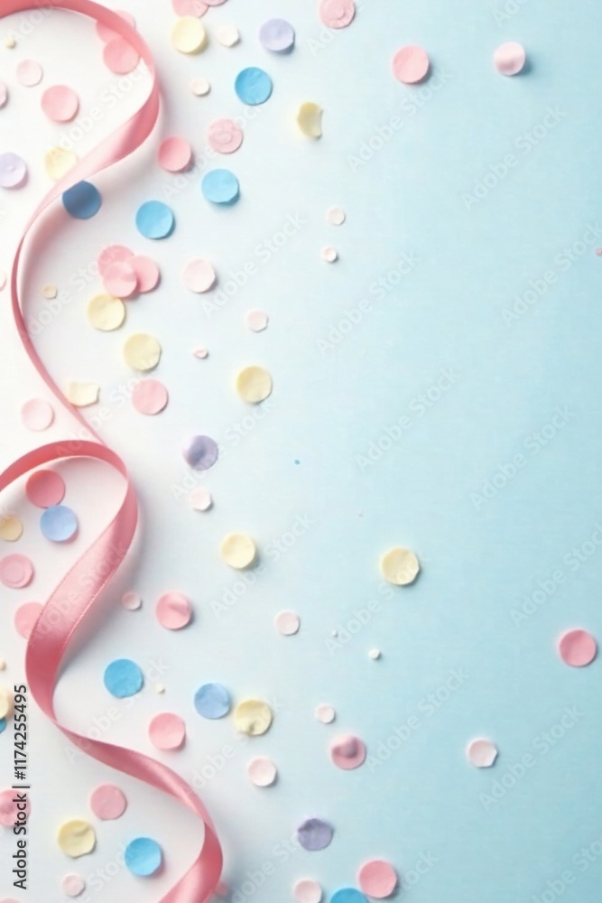 Pastel confetti scattered across a white and pale blue background with delicate ribbons, delicate, light Pastel confetti scattered across a white and pale blue background with delicate ribbons, delicate, light