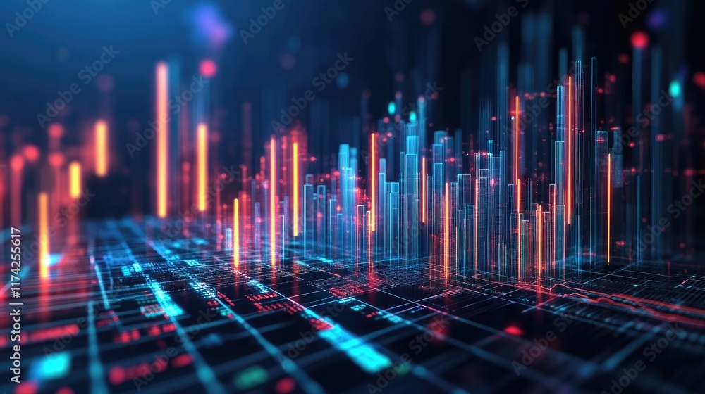 Dynamic 3D bar charts showcasing vibrant data visualization and strong performance metrics in a futuristic digital environment Dynamic 3D bar charts showcasing vibrant data visualization and strong performance metrics in a futuristic digital environment