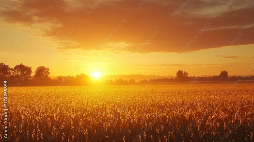 Obraz premium Golden sunset illuminating a serene rapeseed field in the peaceful countryside landscape