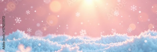 Frozen landscape with snowflakes on peach background, serene, soft focus, calm atmosphere