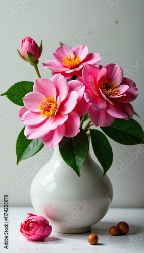 Wallpaper Mural Camellia flowers with open nuts and seeds in a vase, flowers in bloom, leaves Torontodigital.ca