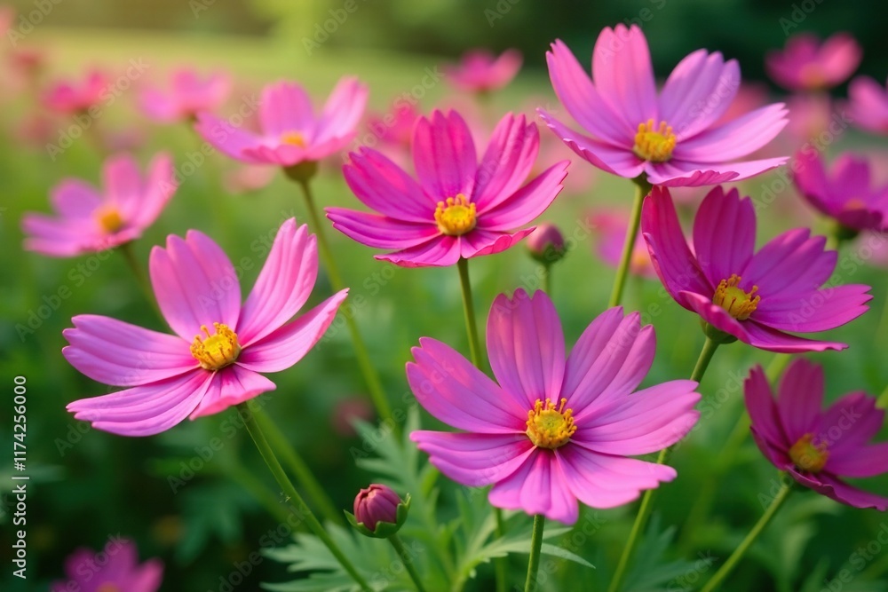 Cosmos flowers in full bloom with green stems and leaves, blossoms, leaf, flora Cosmos flowers in full bloom with green stems and leaves, blossoms, leaf, flora
