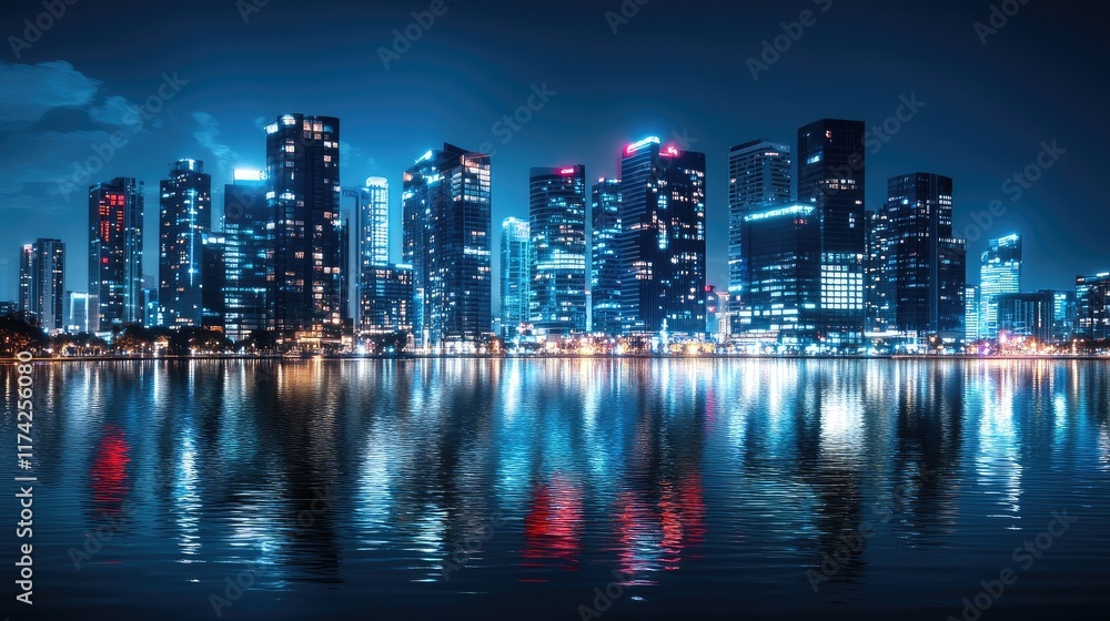 Naklejka premium Aerial view of a modern city skyline at night showcasing skyscrapers and vibrant lights reflecting on water with space for text placement
