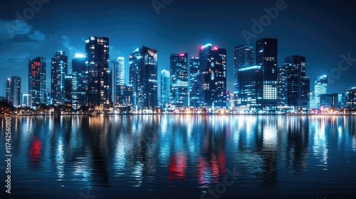 Aerial view of a modern city skyline at night showcasing skyscrapers and vibrant lights reflecting on water with space for text placement photo