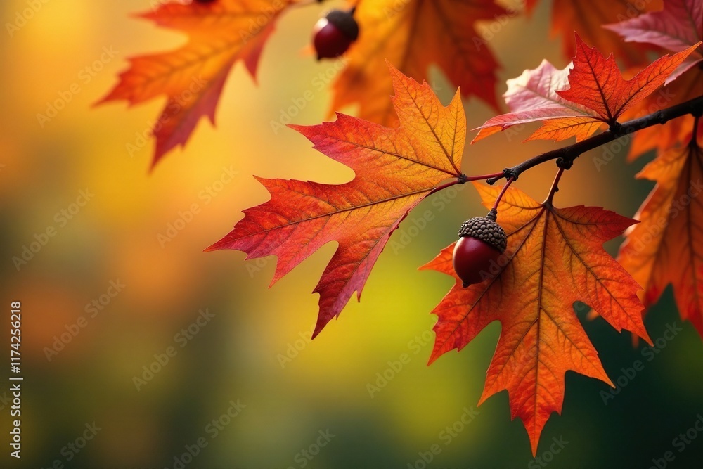 Autumnal colors of an oak tree with leaves and acorns, foliage colors, autumn colors Autumnal colors of an oak tree with leaves and acorns, foliage colors, autumn colors