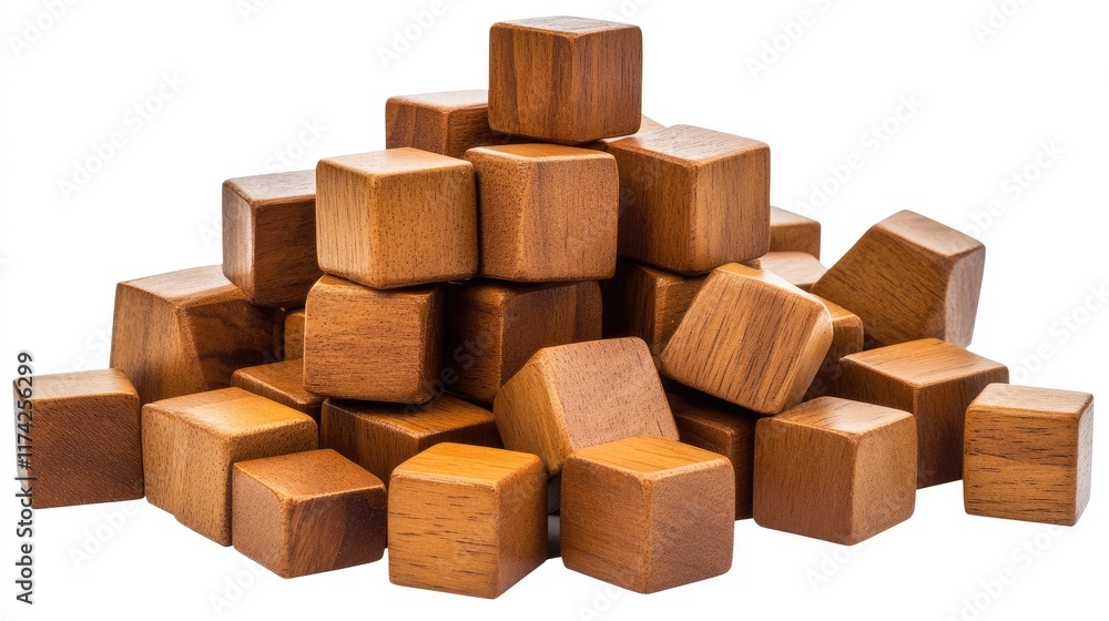 Wooden 3D cubes stacked in a dynamic pile showcasing texture and warmth ideal for children's toys and educational materials Wooden 3D cubes stacked in a dynamic pile showcasing texture and warmth ideal for children's toys and educational materials