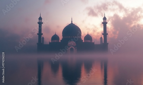 A serene silhouette of a mosque at dawn, reflected in calm waters. photo