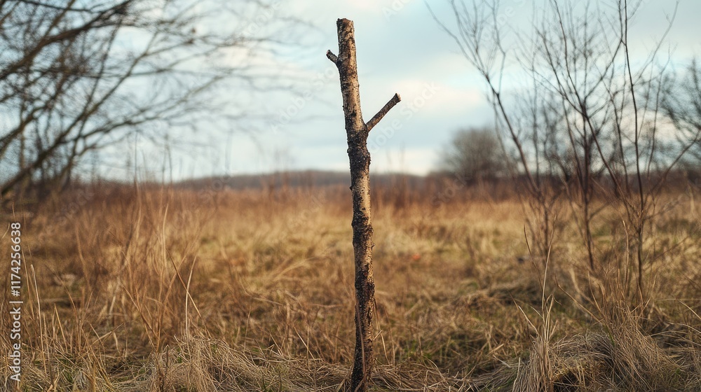 Lonely stick in a vast field with barren trees and soft sunlight illuminating a serene natural landscape Lonely stick in a vast field with barren trees and soft sunlight illuminating a serene natural landscape