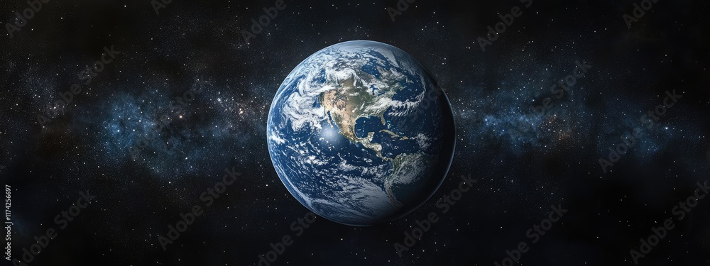 Fototapeta premium The planet Earth floating in space with a realistic look, featuring a blue and white color scheme against a black background with stars. Ideal for science, astronomy, and educational content