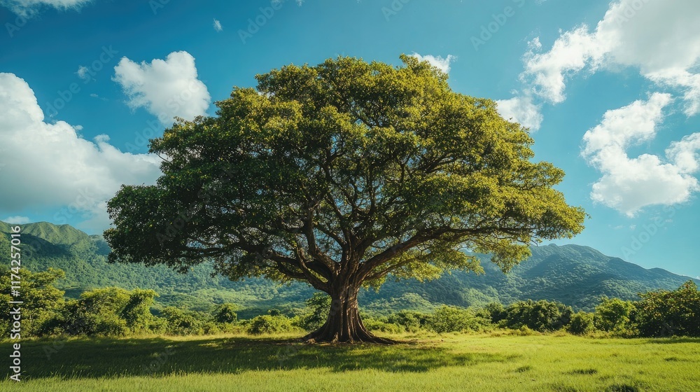 Obraz premium Majestic ancient tree stands proud amidst lush greenery under a vibrant sky with clouds and mountains in the background.
