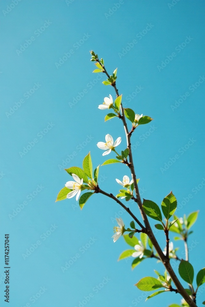 Brown twig with small, green leaves and white flowers against a blue sky, natural, tree Brown twig with small, green leaves and white flowers against a blue sky, natural, tree