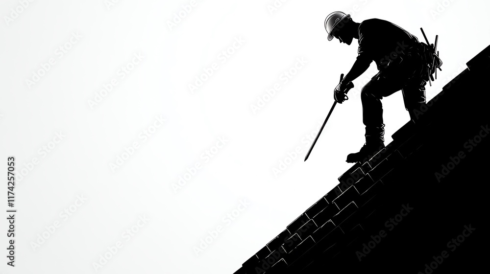 Obraz premium Silhouette of a construction worker on a roof, showcasing dedication and effort in the building trade against a bright backdrop.