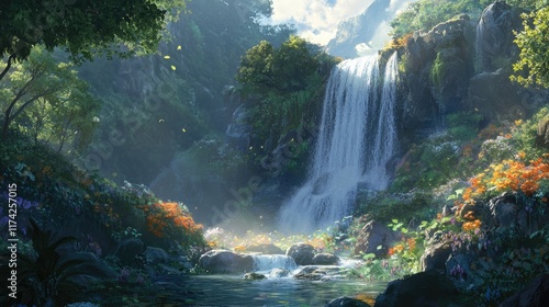 Serene waterfall cascading into a lush stream surrounded by vibrant flora and mountainous scenery in a tranquil natural setting