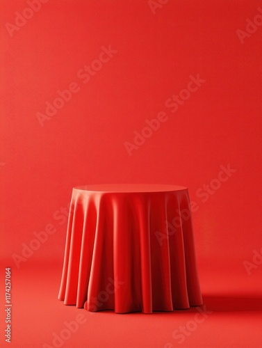 Round table with red cloth in minimal design bold monochromatic style perfect for backgrounds striking use of vibrant color provides modern aesthetic and vivid visual impact for print design